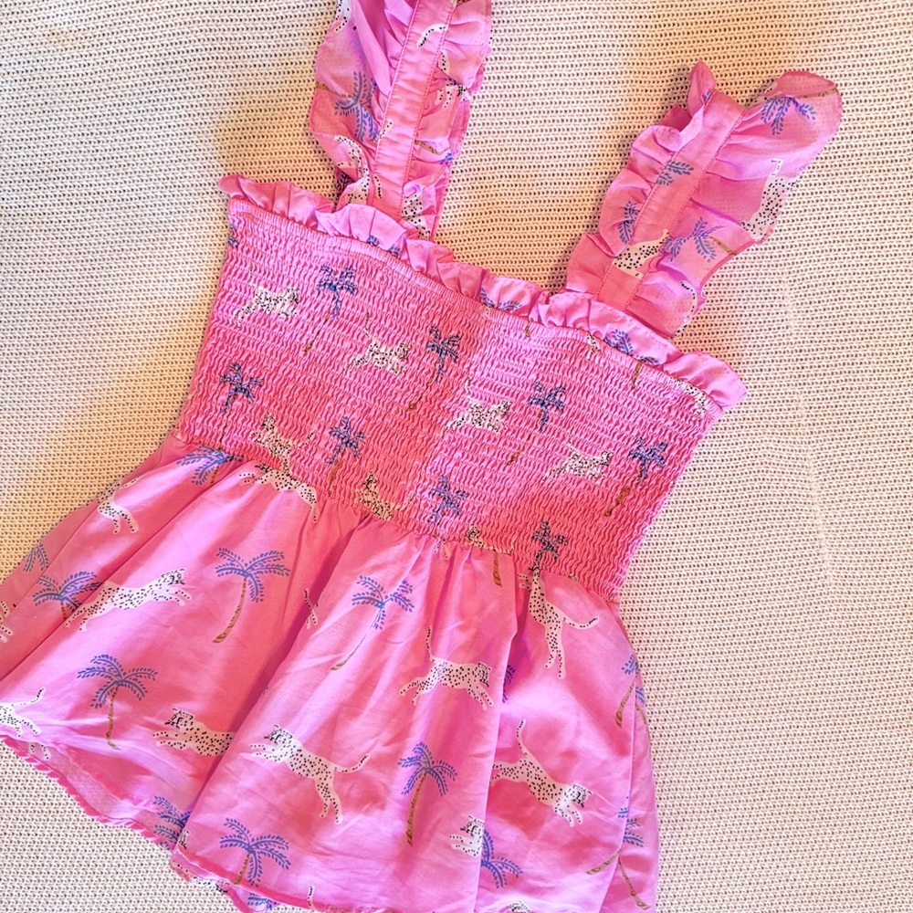 J. MARIE Remi Ruched Smocked Pink & Purple Leopard Palm Tree Ruffle Top Blouse - Picture 8 of 15